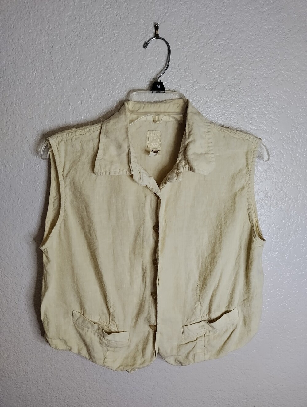 120% Lino Sleeveless Lagenlook Crop Button Down Shirt Vest Sz 48/Xl